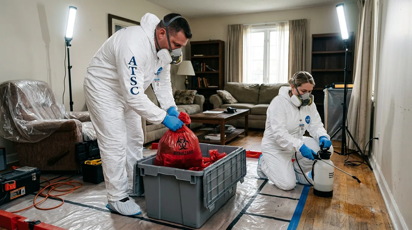 Professional Biohazard Cleanup technician in full PPE working in Santa Monica